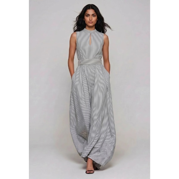 Tjori Monochrome Muse Striped Sleeveless Cutout Stripe Jumpsuit, ₹2,299
