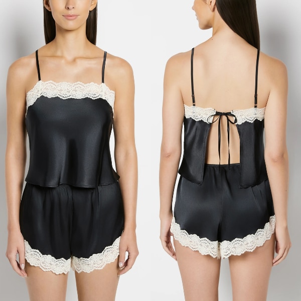 La Senza Satin PJ Set with Timeless Lace Trim in Tuxedo Black, ₹4,350