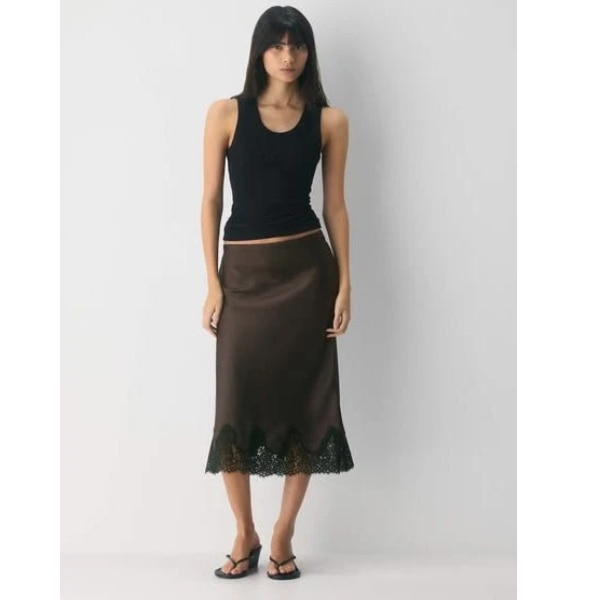 Freyja Premium Satin Brown Midi Skirt with Black Lace, ₹2,190