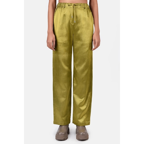 Genes Lecoanet Hemant Heavy Satin Straight Fit Trousers Bright Olive, ₹4,999