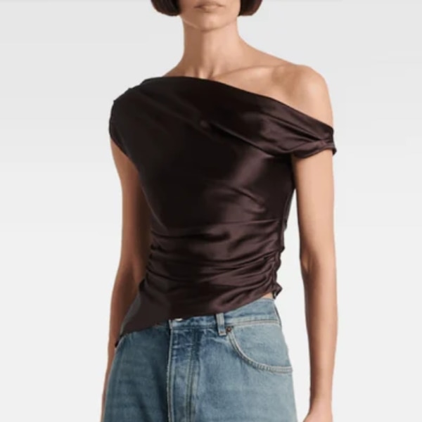 Freyja Premium Silk Blend Satin Brown Off-Shoulder Top, ₹2,690