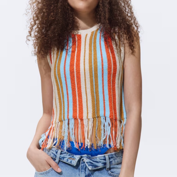 H&M Women Beige Fringed Knitted Top, ₹1,499