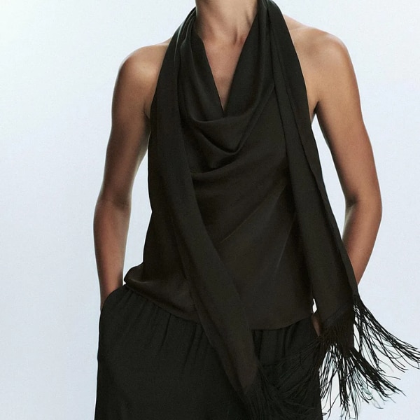Lulu & Sky Green Drape Detail Fringe Halter Top, ₹5,078