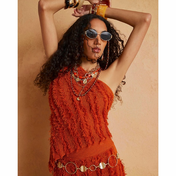 River Island Orange Knitted Asymmetric Fringe Top, ₹11,038