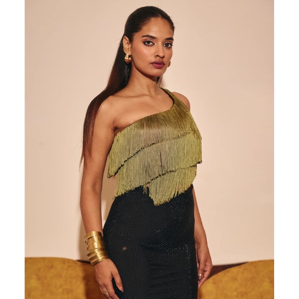 Old Marigold Galle Green Fringe One-Shoulder Top, ₹6,800