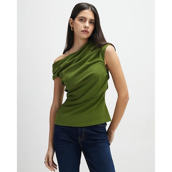 River Island Khaki Short Sleeve Drape Off Shoulder Top, ₹12,899