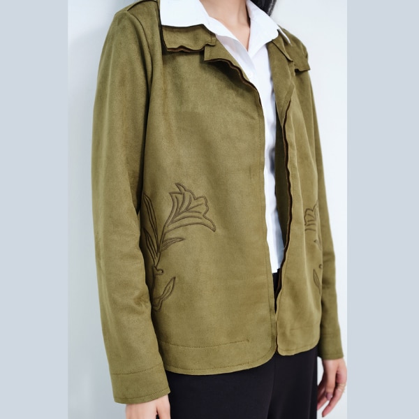 AND Olive Suede Embroidered Open Jacket, ₹3,990