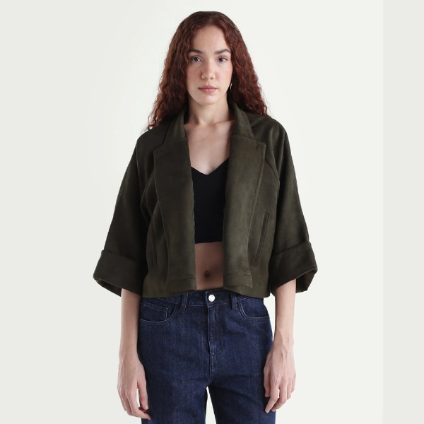 Rareism Olive Solid Relaxed Suede Jacket, ₹3,599