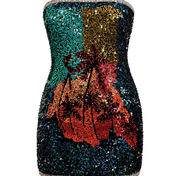Bling Empire Tropical Palm Strapless Sequin Mini Dress, ₹22,679