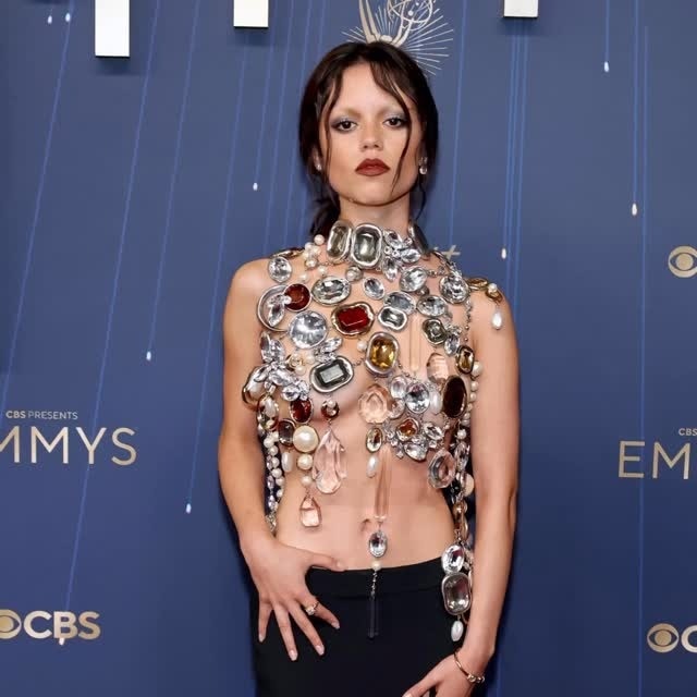 Jenna Ortega channels gothic goddess energy in a pearl-and-gem Givenchy ensemble at the Emmys