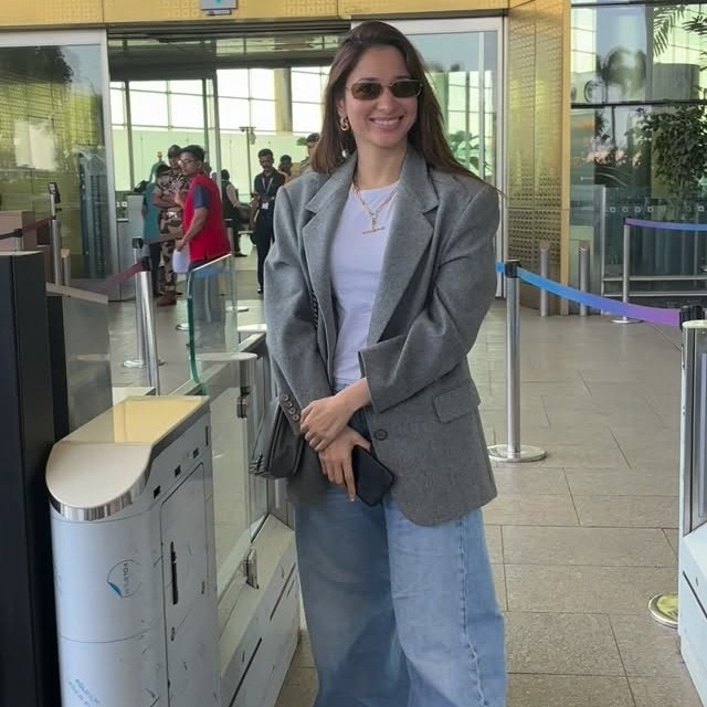 Tamannaah Bhatia proves airport chic is all about blazer, denim, and sneakers