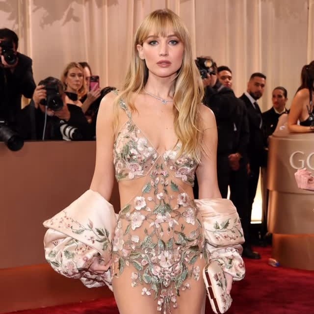 Jennifer Lawrence’s sheer Givenchy moment at the Golden Globes was pure modern romance