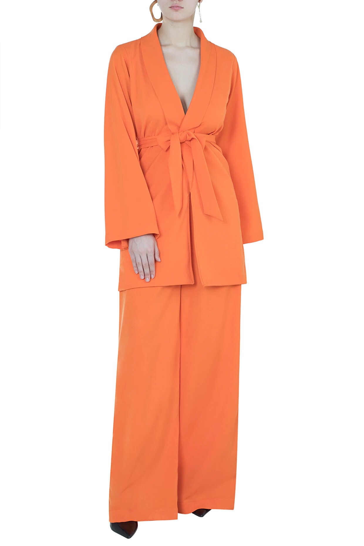 2) Deme By Gabriella, Orange Blazer Jacket With Belt & Pants, ₹23,000
