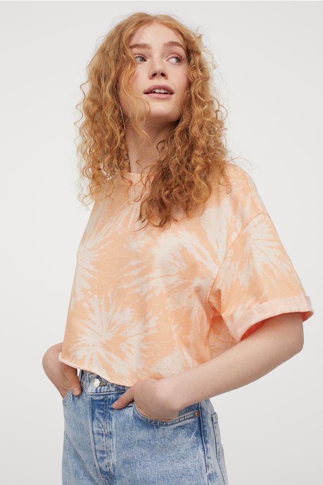 1) H&M, Light Orange Batik Patterned Cropped T-shirt,