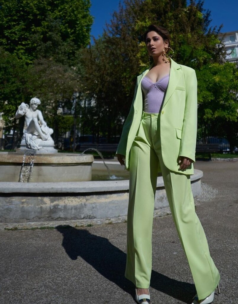 Tamannah Bhatia's candy-green co-ord and lilac bustier is by Bershka 