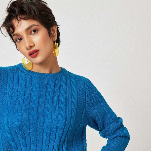 Label Life cobalt cable knit sweater,