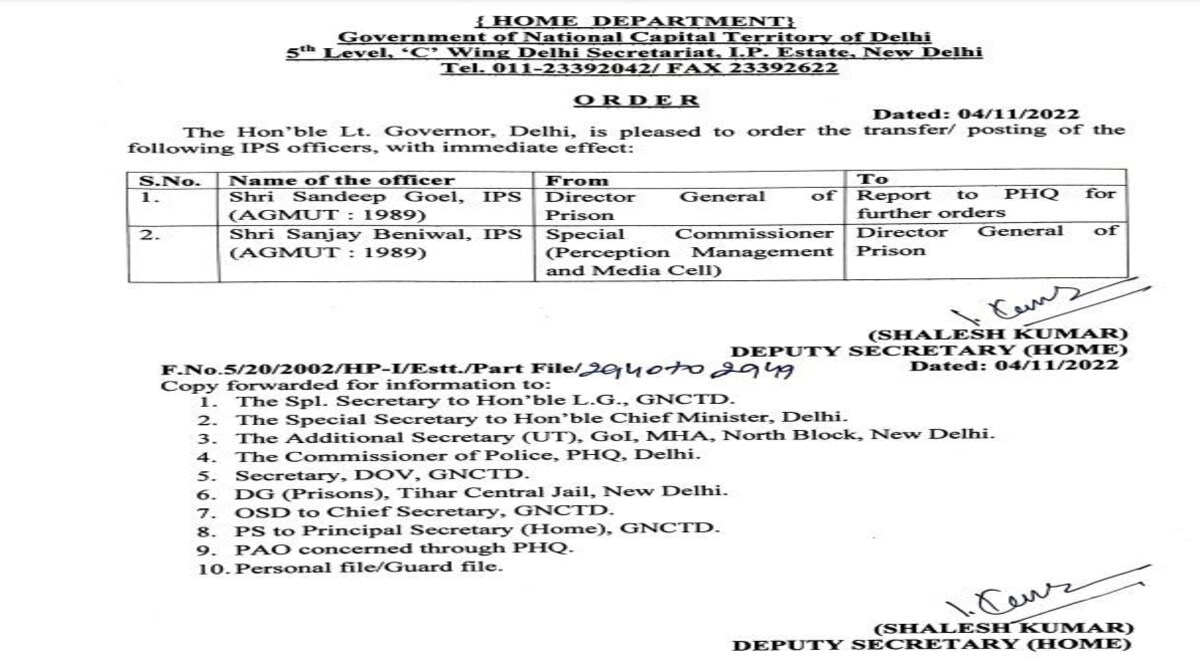 तिहाड़ जेल के डीजी (जेल) संदीप गोयल को हटाया गया, संजय बेनीवाल होंगे नये डीजी तिहाड़ CrimeTak