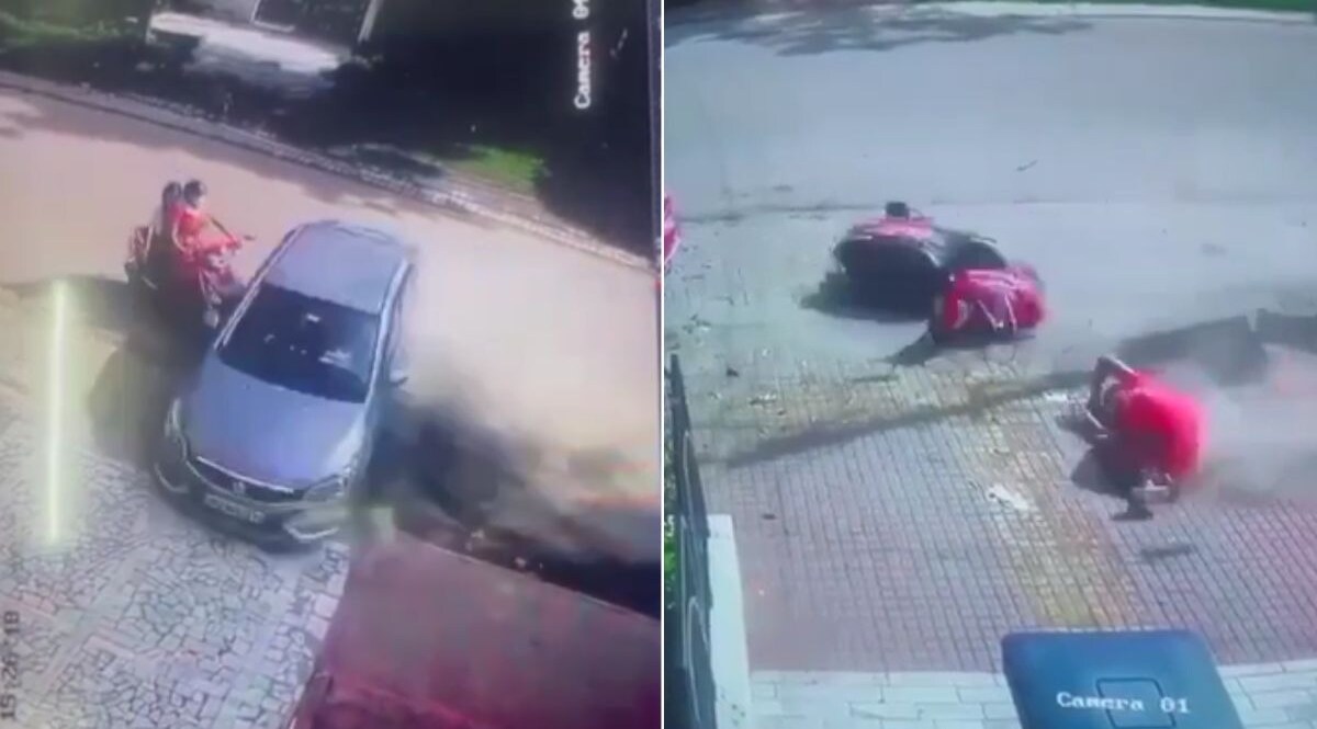 4 नाबालिग स्कूल बंक करके कार से घूमने निकले, 100 की स्पीड से दौड़ाई कार, मां-बेटी को उड़ाया, महिला की मौत नाबालिग ने कार से स्कूटी में मारी टक्कर. (Video grab)