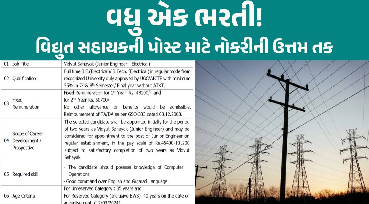 Vidhyut sahayak bharti 2024: ગુજરાતમાં વિદ્યુત સહાયકની મોટી ભરતી, ₹ 45,000થી વધુ મળશે પગાર વિદ્યુત સહાયક ભરતી, મહત્વની માહિતી