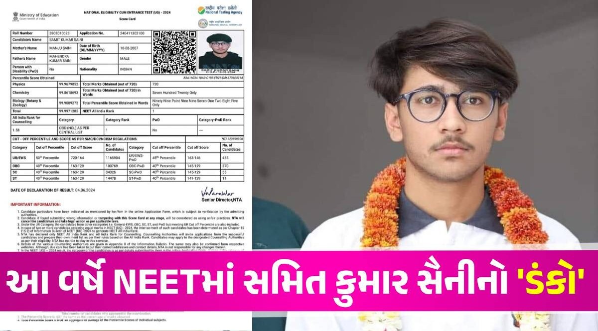 NEET UG Topper 2024 Marksheet: NEET નું પરિણામ જાહેર, જુઓ ટોપર Samit Kumar Saini નું પરિણામ NEET Topper 2024 Marksheet