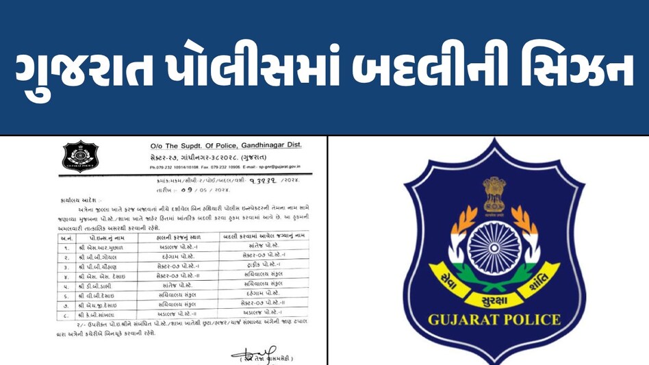 ગુજરાતના પોલીસ બેડામાં 8 PIની બદલીનો ઓર્ડર ફાટ્યો, જુઓ કોને ક્યાં મુકાયા ગુજરાત પોલીસમાં બદલીની સિઝન