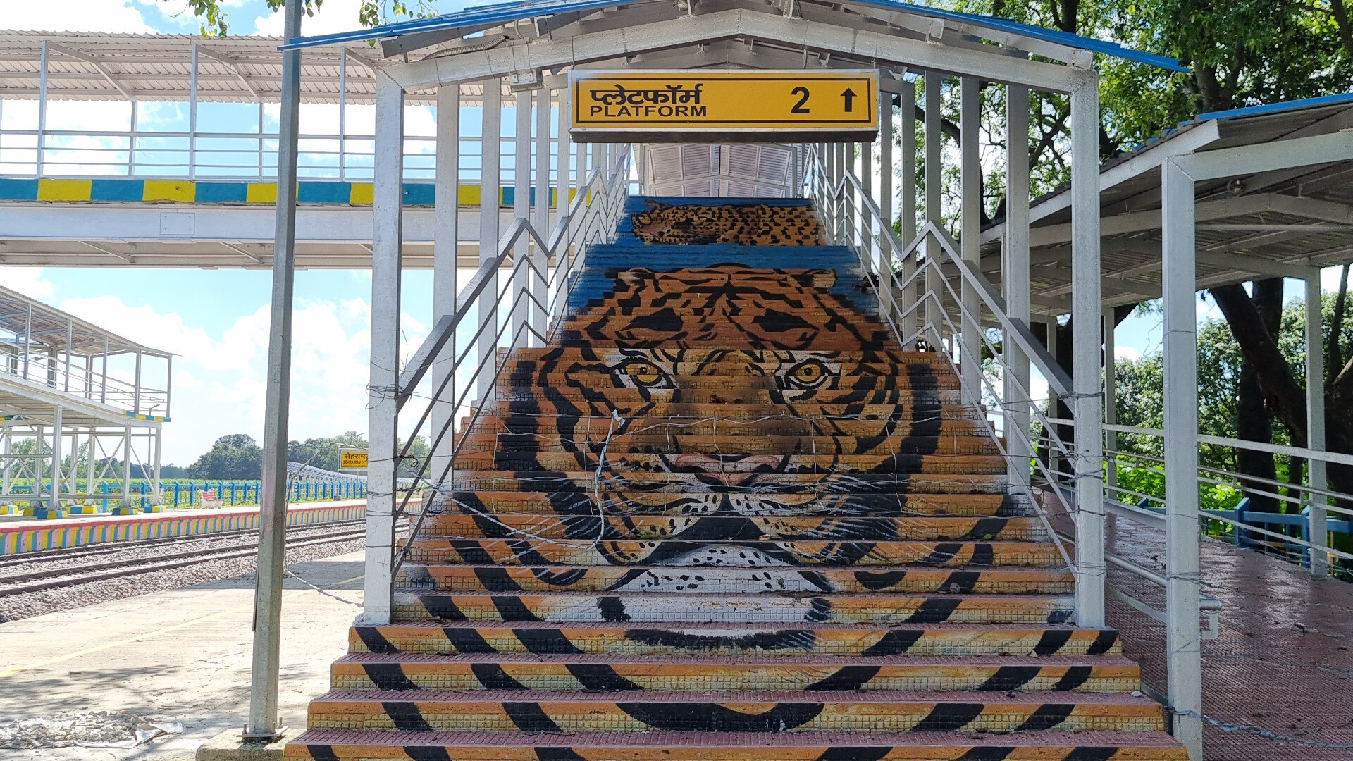 पुल की सीढ़ियों पर टाइगर तेंदुए जैसे जानवरों की पेंटिंग 