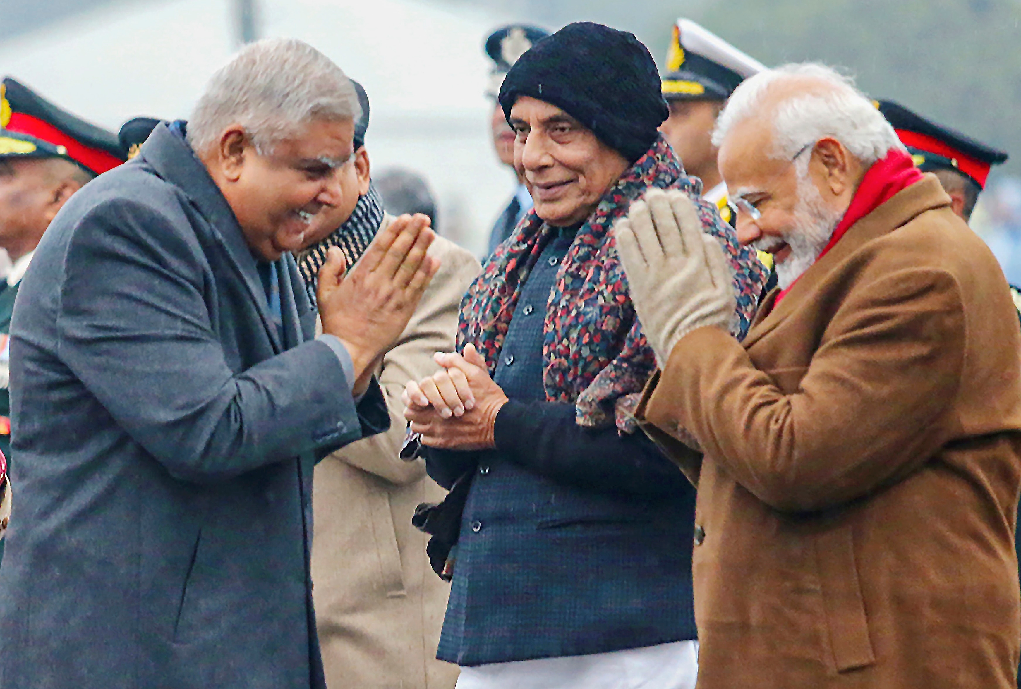 Jagdeep Dhankar with PM Modi and Rajnath Singh (Photo/PTI)  