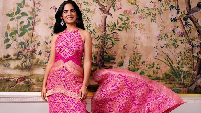 Isha Ambani in Roberto Cavalli's Bandhani saree gown blends Indian craftsmanship with Italian couture