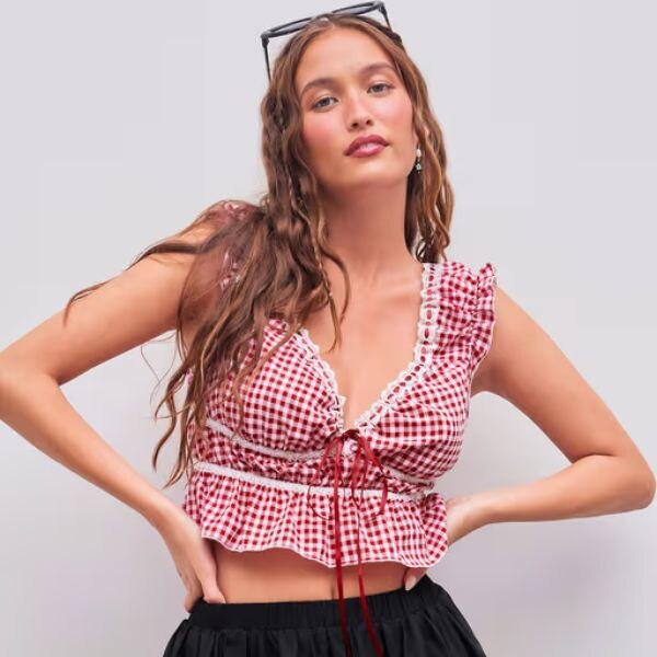Cider V-Neck Gingham Knotted Sleeveless Blouse, ₹3,999