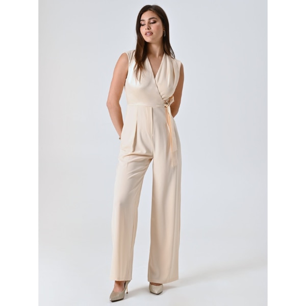 Rinascimento Light Beige Satin Palazzo Jumpsuit with Bodice, ₹24,516 