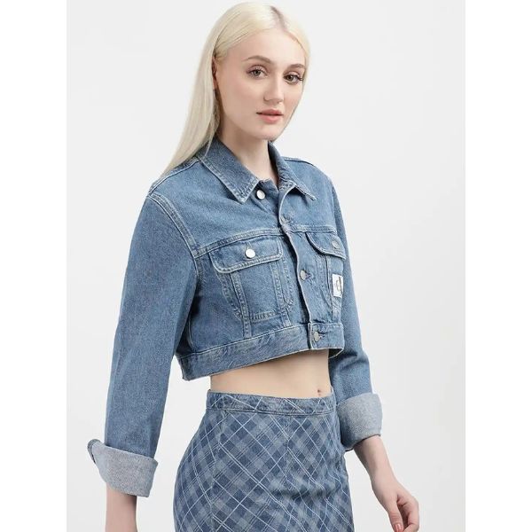 Calvin Klein Jeans Checked Crop Denim Jacket with Embroidery, ₹5,999