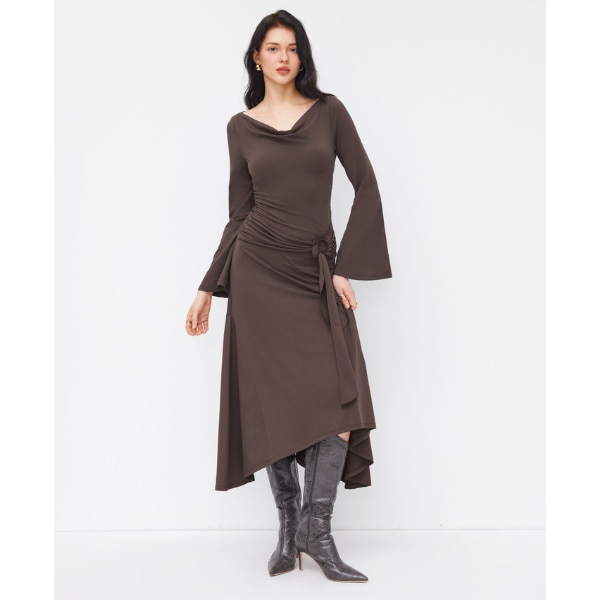 Cider Cowl Neck Bell Sleeve O-Ring Ruched Ruffle Hem Midi Dress ₹2,658 