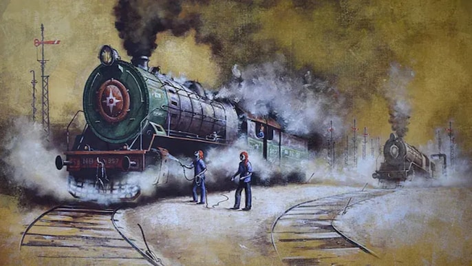 यादों की पटरी पर दौड़ते भाप इंजन की पेंटिंग (सभी तस्वीरें: किशोर प्रतिम विश्वास) यादों की पटरी पर दौड़ते भाप इंजन की पेंटिंग (सभी तस्वीरें: किशोर प्रतिम विश्वास)