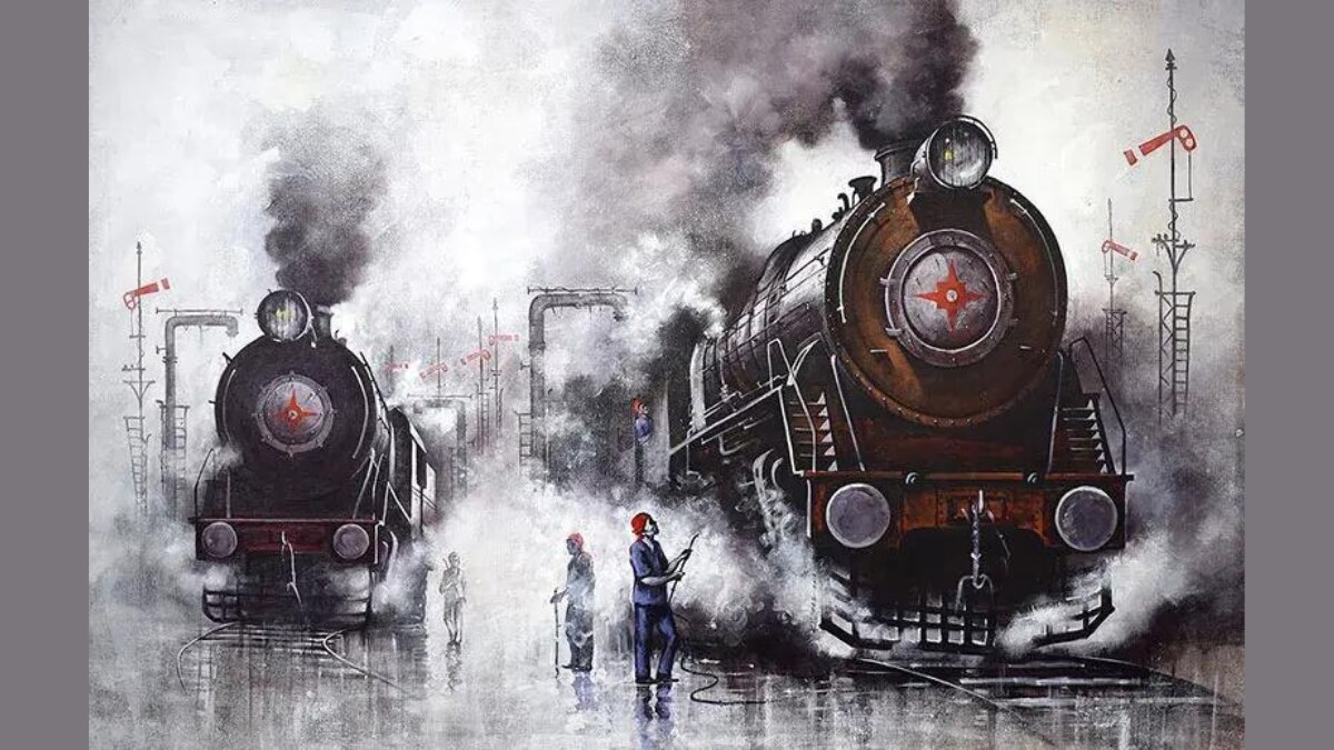 यादों की पटरी पर दौड़ते भाप इंजन की पेंटिंग (सभी तस्वीरें: किशोर प्रतिम विश्वास)