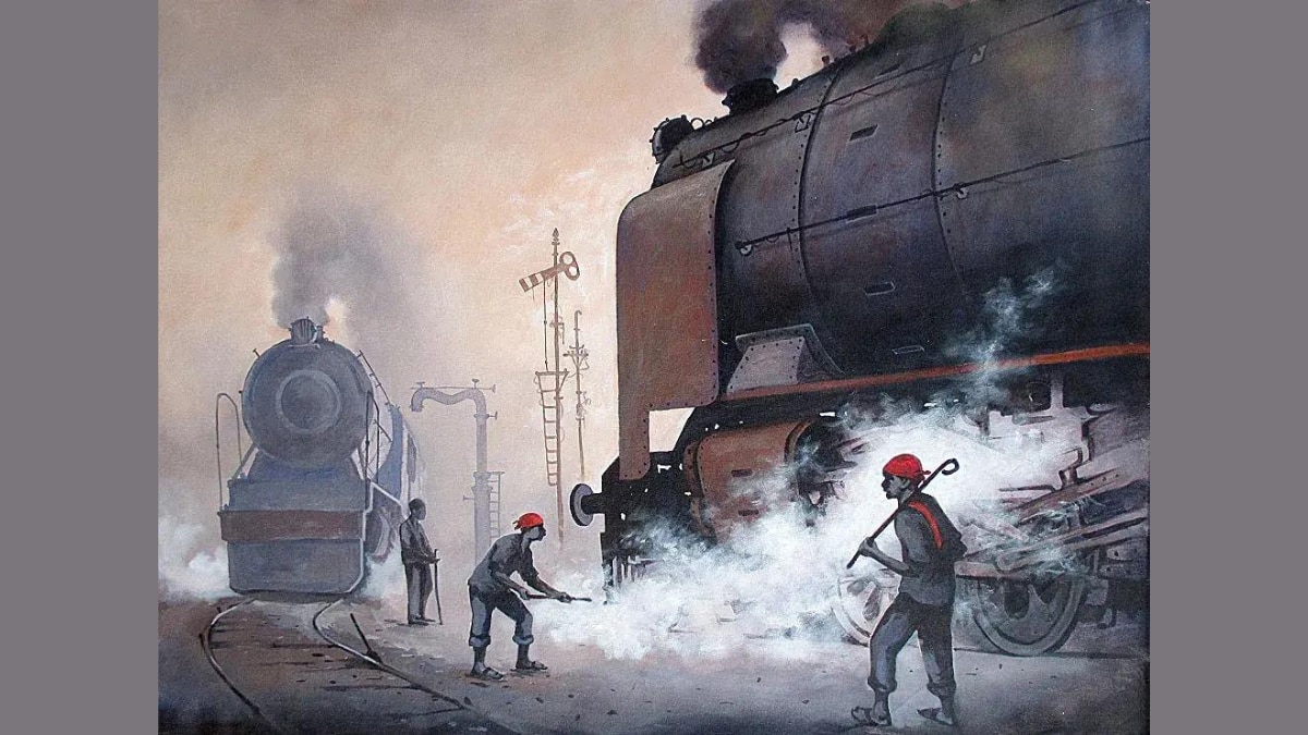 यादों की पटरी पर दौड़ते भाप इंजन की पेंटिंग (सभी तस्वीरें: किशोर प्रतिम विश्वास)