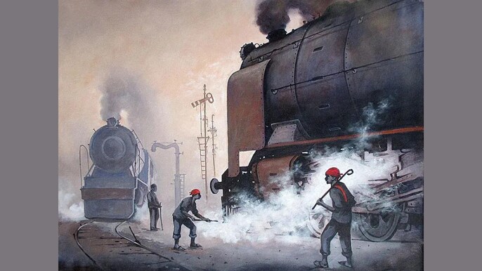 यादों की पटरी पर दौड़ते भाप इंजन की पेंटिंग (सभी तस्वीरें: किशोर प्रतिम विश्वास) यादों की पटरी पर दौड़ते भाप इंजन की पेंटिंग (सभी तस्वीरें: किशोर प्रतिम विश्वास)