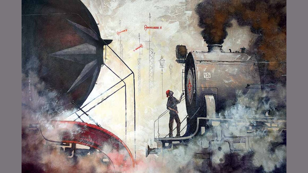 यादों की पटरी पर दौड़ते भाप इंजन की पेंटिंग (सभी तस्वीरें: किशोर प्रतिम विश्वास)