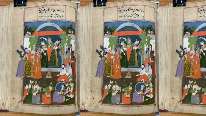 भागवत गीता की पांडुलिपी में बनी एक मिनियेचर पेंटिंग भागवत गीता की पांडुलिपी में बनी एक मिनियेचर पेंटिंग