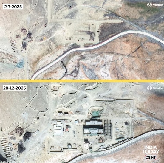 पैंगोंग झील के पास निर्माणाधीन नई चीनी इमारत की सैटेलाइट तस्वीरें (पहले और बाद की). सैटेलाइट इमेज 2026 वैंटोर, इंडिया टुडे ओपन-सोर्स इंटेलिजेंस (OSINT) पैंगोंग झील के पास निर्माणाधीन नई चीनी इमारत की सैटेलाइट तस्वीरें (पहले और बाद की). सैटेलाइट इमेज 2026 वैंटोर, इंडिया टुडे ओपन-सोर्स इंटेलिजेंस (OSINT)