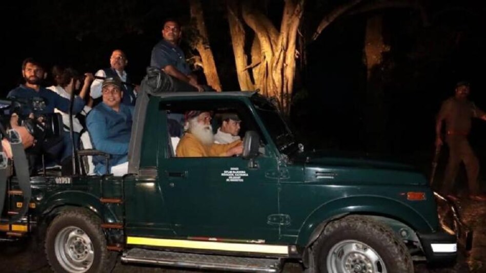 Spiritual leader Sadhguru and Assam Chief Minister Himanta Biswa Sarma undertaking night safari ride at Kaziranga