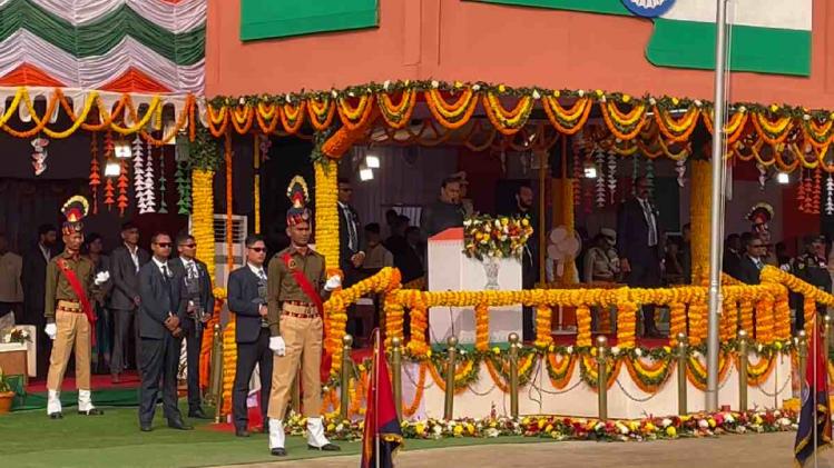 Assam Chief Minister Himanta Biswa Sarma hoisted the national flag on the occasion of India’s 74th Republic Day celebration in a programme held at Veterinary College Field in Khanapara, Guwahati