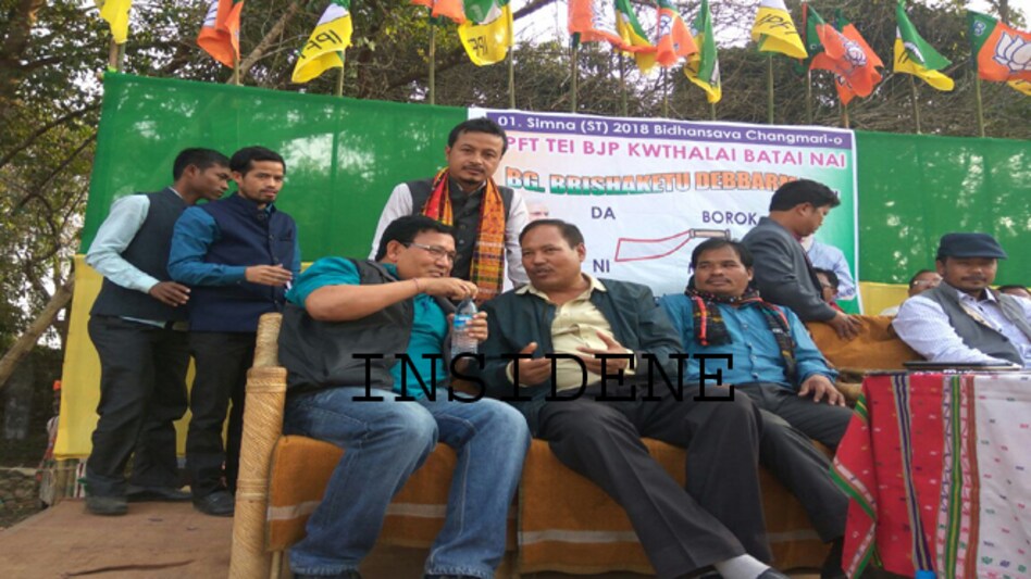 ABSU PRESIDENT AND BPF MP SHARES STAGE DURING CAMPAIGNING FOR IPFT IN TRIPURA