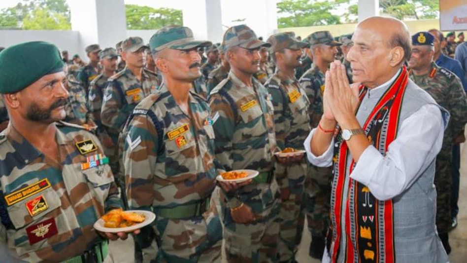 Rajnath Singh interacts with Assam Rifles jawans