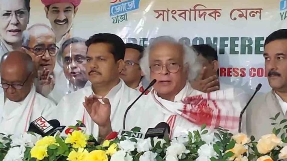 Jairam Ramesh addressing a press conference in Guwahati