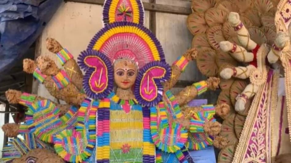 Durga Puja idol with pen and pencil in Assam's Basugaon