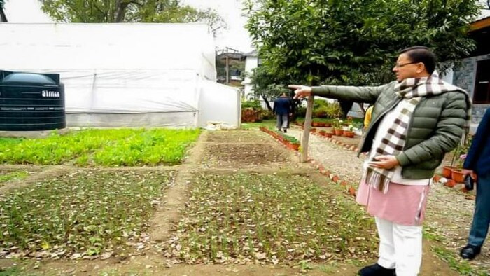 सीएम आवास में पॉलीहाउस का निरीक्षण करते CM पुष्कर सिंह धामी, (photo: uk government)
