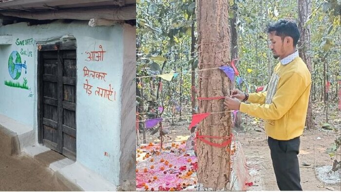 घरों की दिवार पर लिखे स्लोगन और रक्षा बंधन करता युवक फोटोः किसान तक