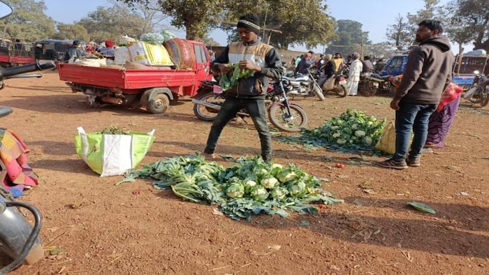 बाजार में अपनी सब्जी बेचता किसान फोटोः किसान तक