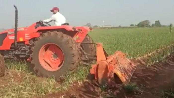 महाराष्ट्र में किसान ने प्याज पर चलाया ट्रैक्टर