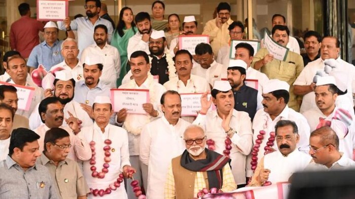 विधानसभा की सीढ़ियों पर विपक्षी नेता गले में प्याज की माला पहनकर प्रदर्शन करते हुए